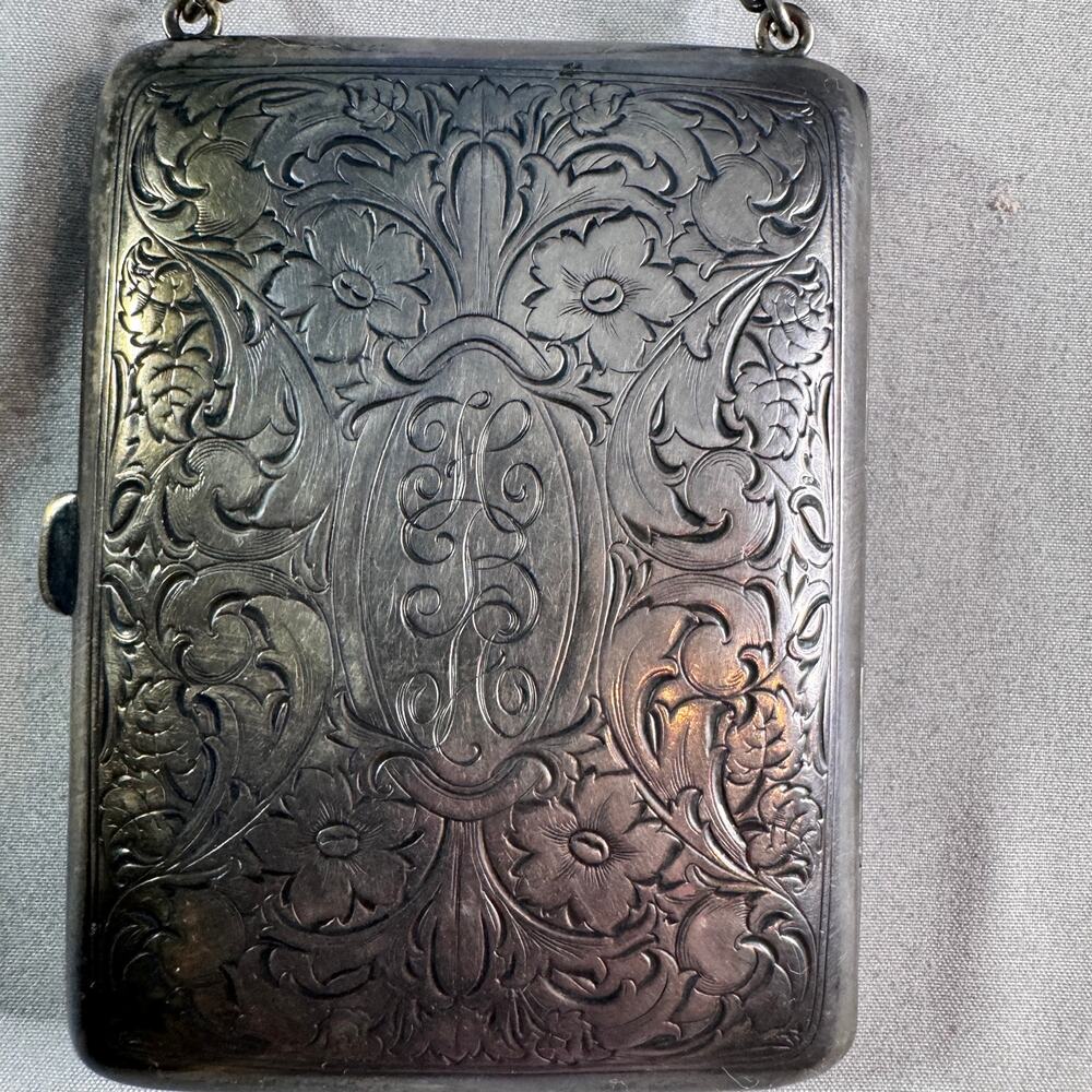Antique Sterling Silver 757 Dance Compact Finger Chain Engraved Monogram Vanity